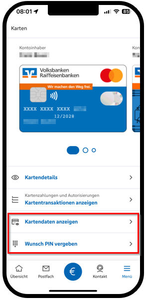 Grafik von ein Smartphone mit den Funktionen "Kartendaten anzeigen" und "Wunsch-PIN vergeben" in der VR Banking App