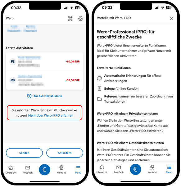 Grafik von zwei Smartphones zeigt Aufruf der Funktion Wero Pro und die Beschreibung in der VR Banking App