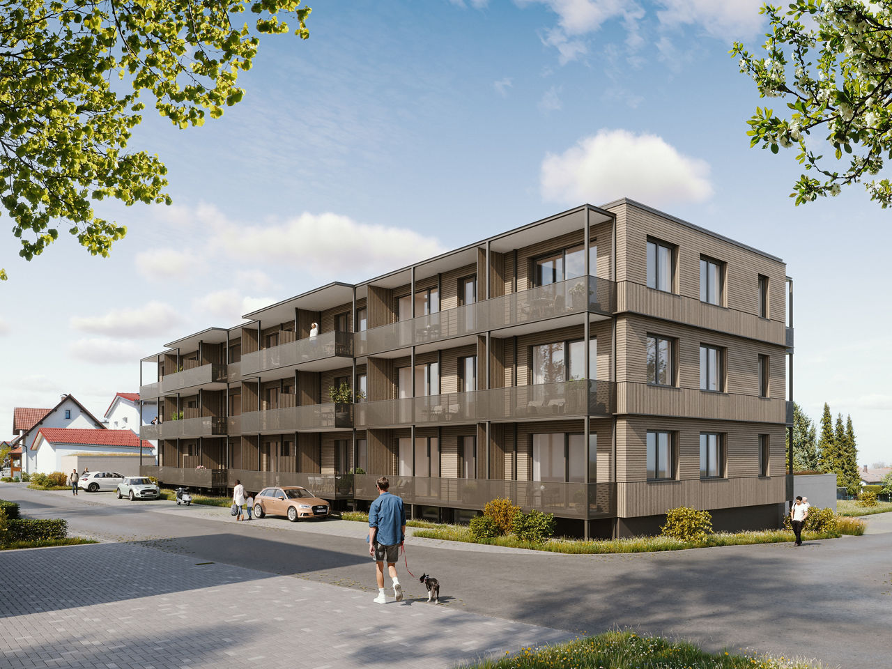 Visualisierung eines modernen, mehrgeschossigen Wohngebäudes mit großzügigen Balkonen, heller Fassade und Holzverkleidung.