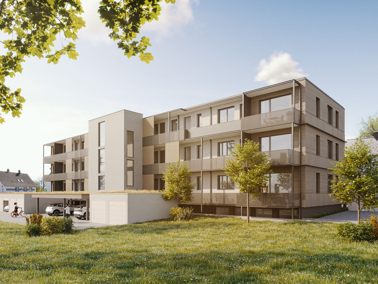 Visualisierung eines modernen, mehrgeschossigen Wohngebäudes mit großzügigen Balkonen, heller Fassade und Holzverkleidung.