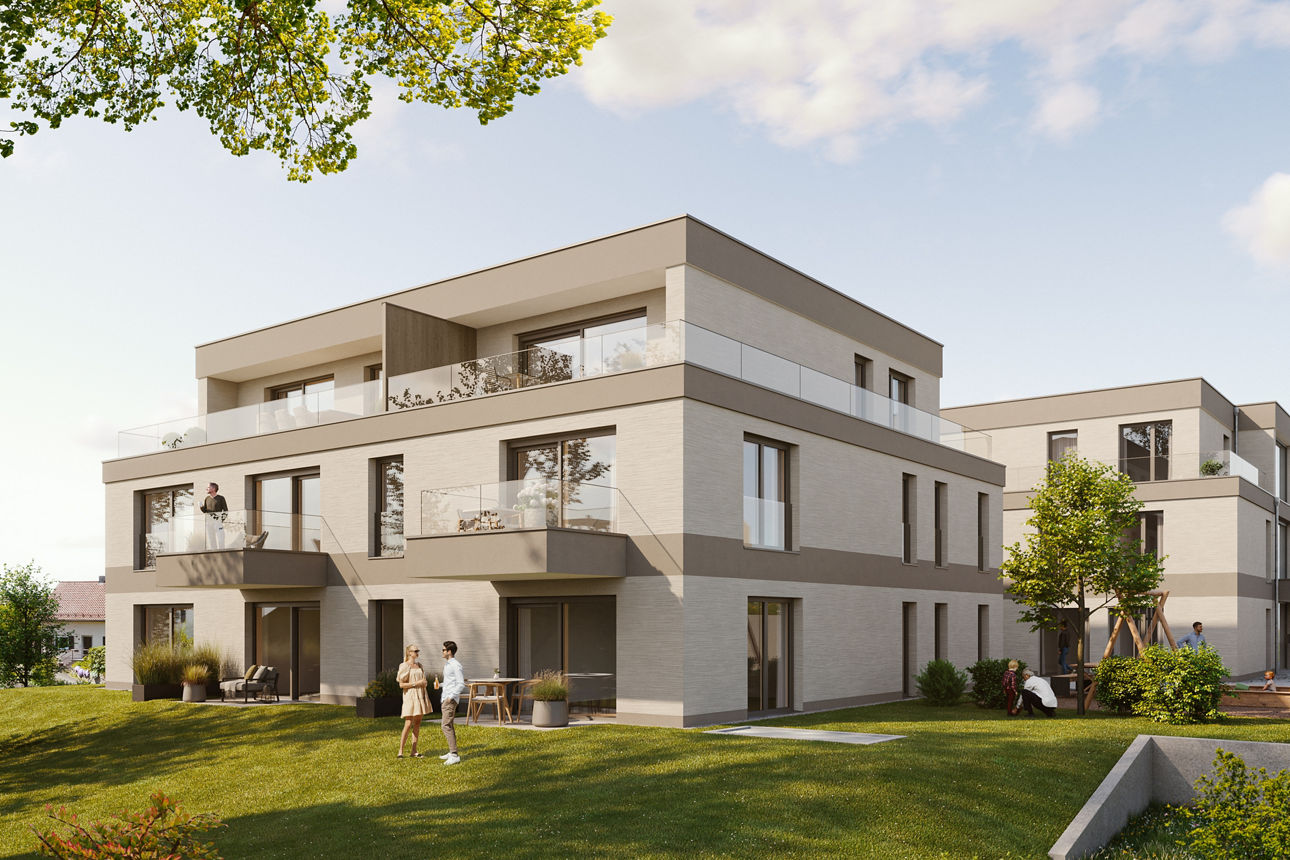 3 stöckiger Neubau mit Flachdach, gläsernen Balkonen, einer grünen Wiese, auf der sich 2 Personen unterhalten
