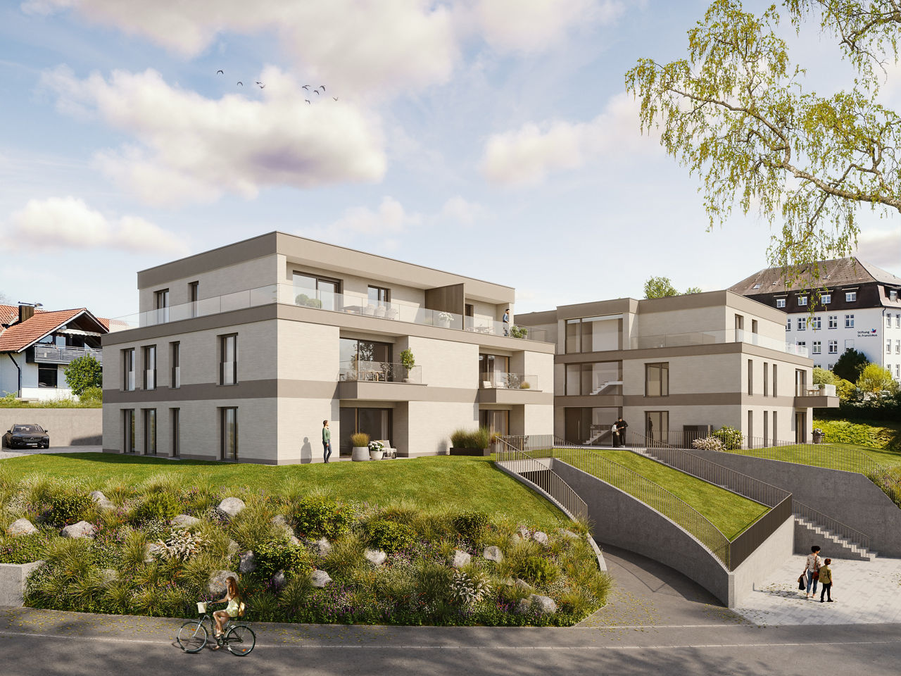 3D-Visualisierung eines modernen Mehrfamilienhausensembles mit großzügigen Balkonen, Terrassen, begrüßter Außenanlage und bar