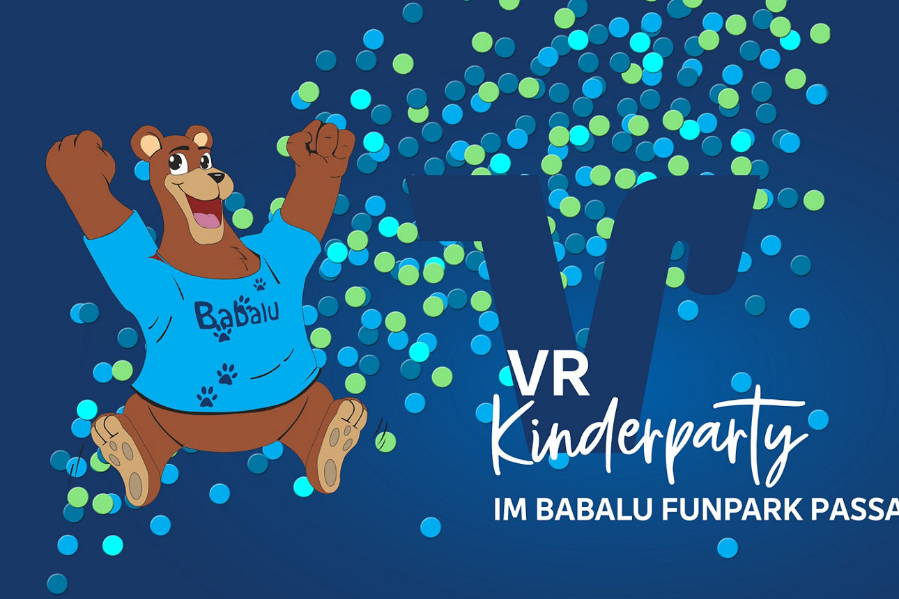 Grafische Darstellung Bär mit blauem „Babalu“-Shirt, VR-Logo und Text „VR-Kinderparty im Babalu Funpark Passau“, dahinter blauer Hintergrund mir blauen und grünen Punkten.