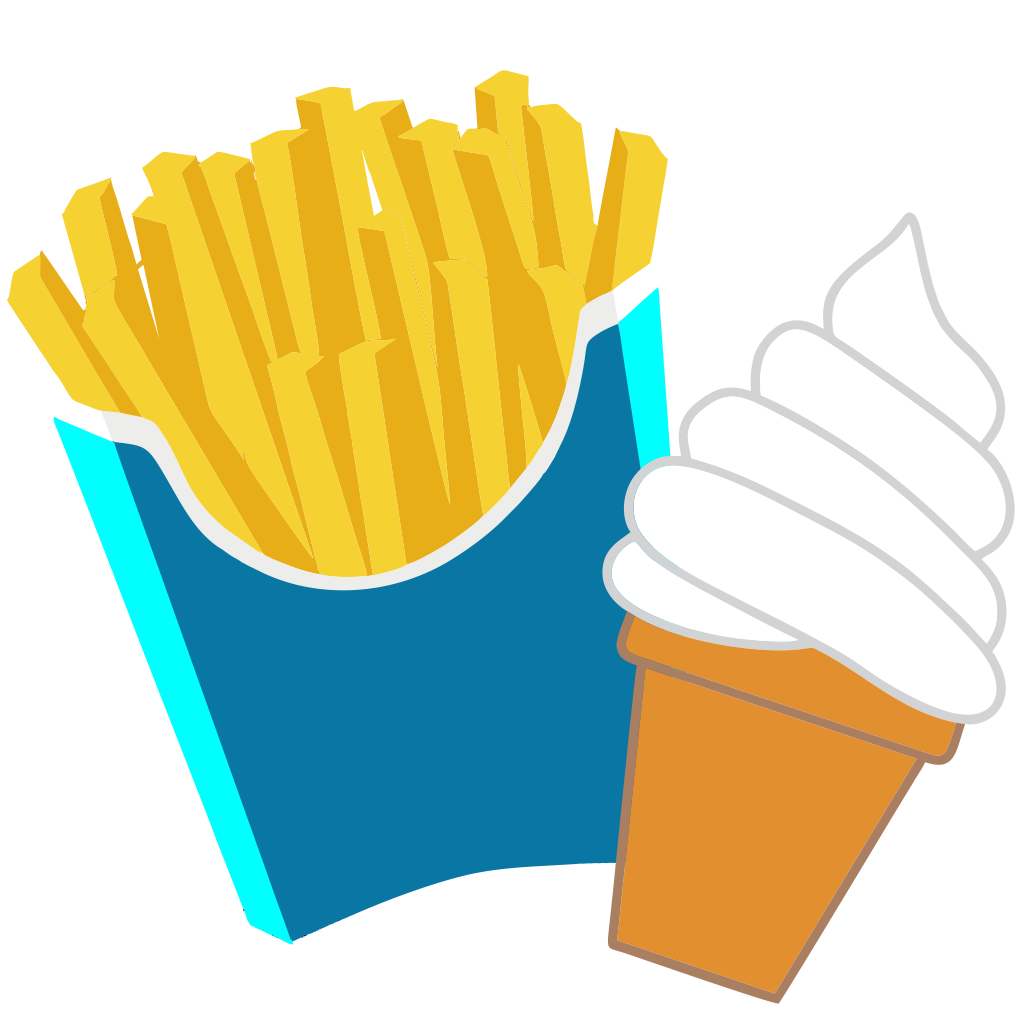 Grafische Darstellung von Pommes in einer blauen Schachtel sowie einem Softeis
