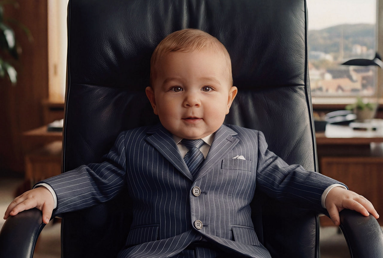 Baby sitzt im Bürostuhl in einem Büro