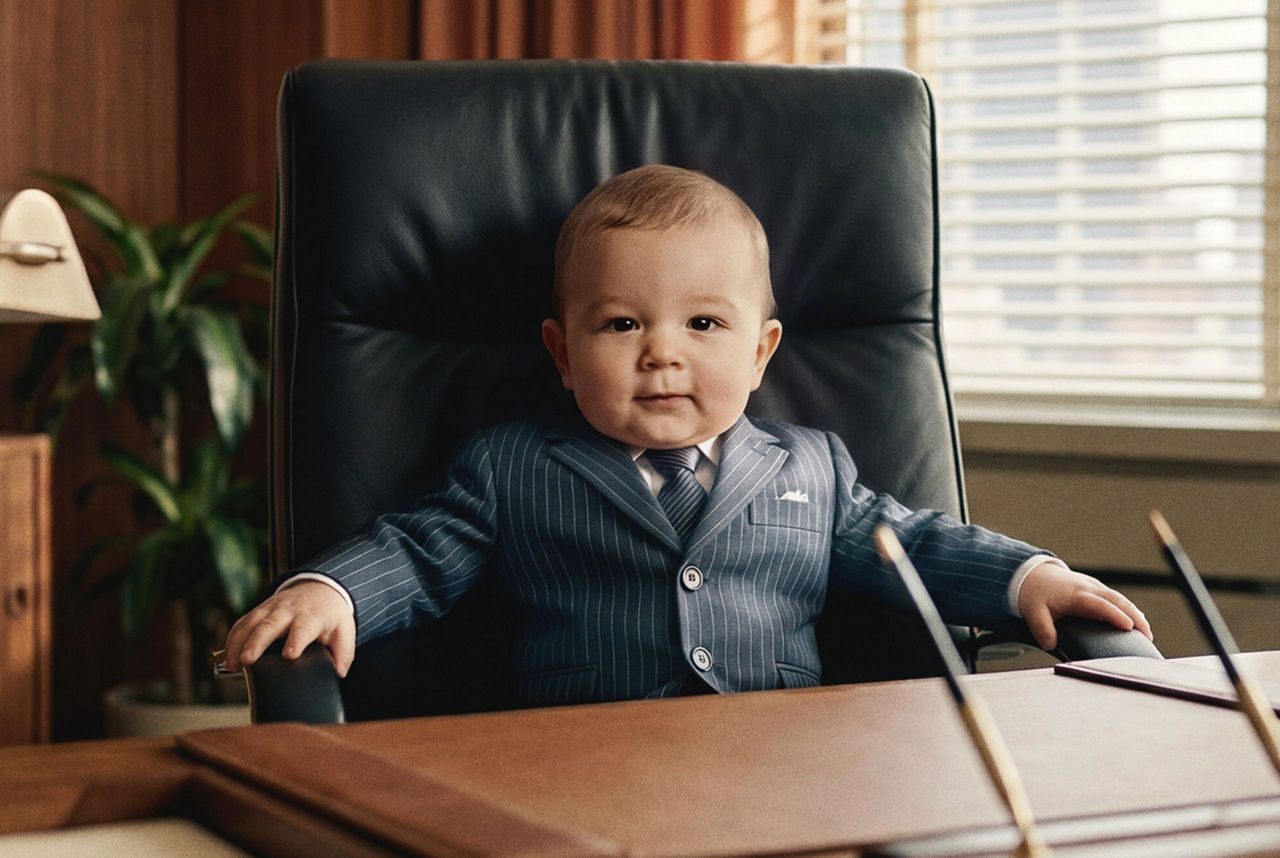 Baby im Anzug sitzt im Büro am Schreibtisch