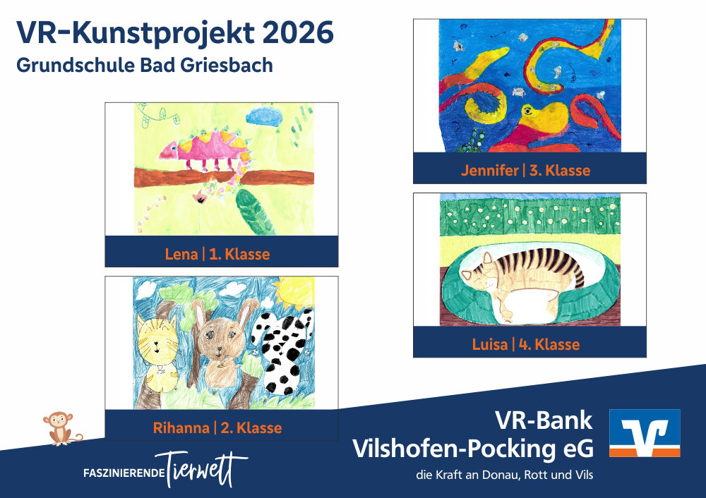 Die vier Gewinnerbilder VR-Kunstprojekt 2026, Bad Griesbach: Chamäleon, Krake, verschiedene Haustiere, Katze.