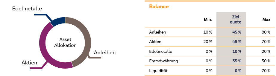 Eine Grafik zeigt die Verteilung von Geld. Es gibt einen Kreis und eine Tabelle mit Anteilen für Anlagen.