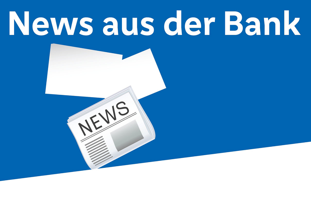 Blauer Hintergrund und ein Bild einer klassischen Zeitung und die Überschrift "News aus der Bank"
