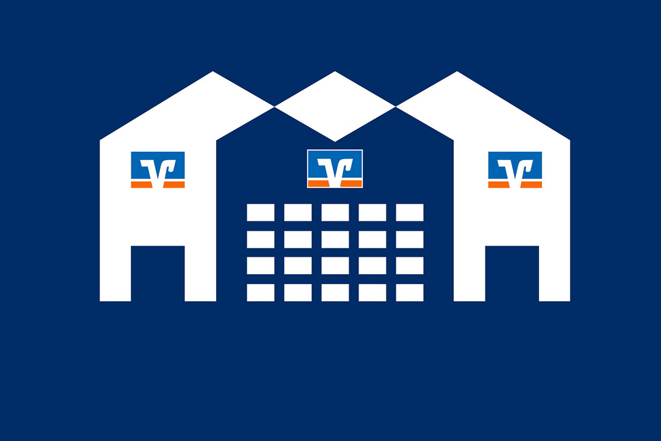 Eine Illustration von drei weißen Bankgebäuden, die zu einem blauen Gebäude verschmelzen.