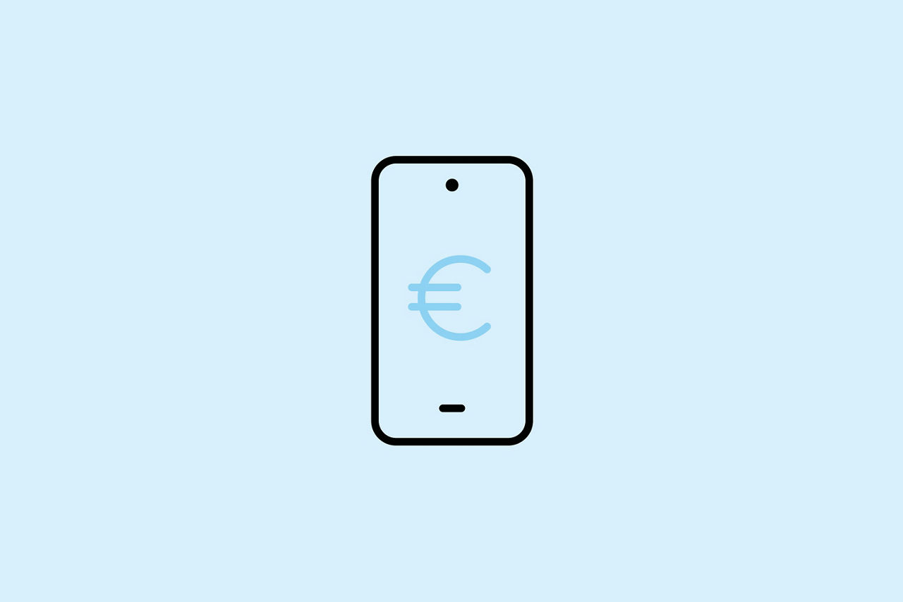 Illustration eines schwarzen Handys mit einem Euro Zeichen darin in blau auf blauem Hintergrund