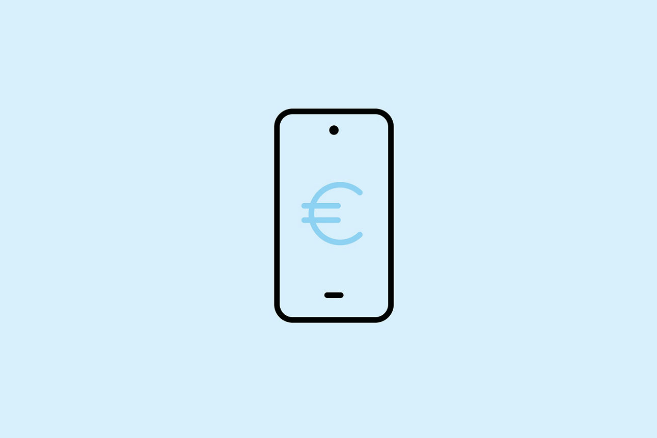 Illustration eines schwarzen Handys mit einem Euro Zeichen darin in blau auf blauem Hintergrund