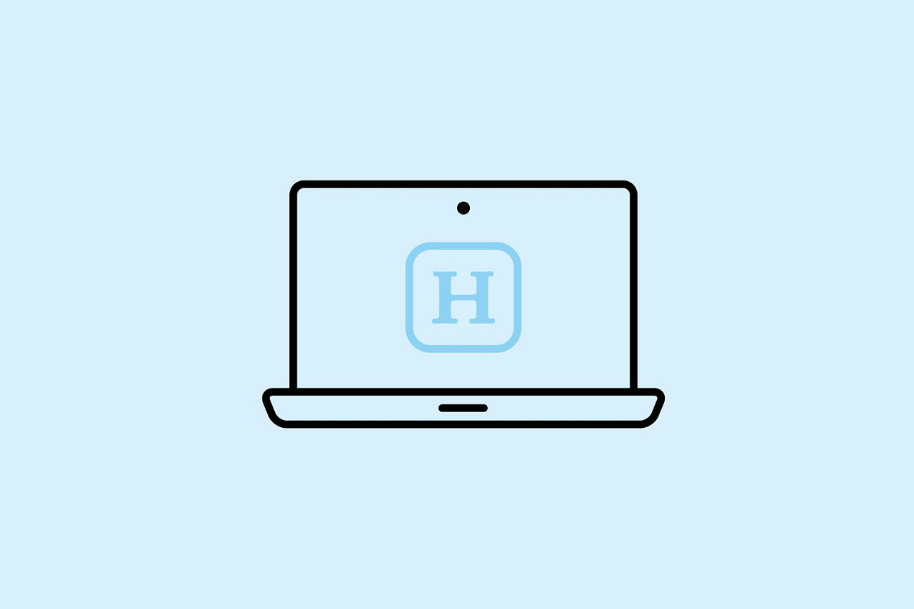 Illustration eines schwarzen Laptops mit dem Buchstaben H in blau darin auf blauem Hintergrund.