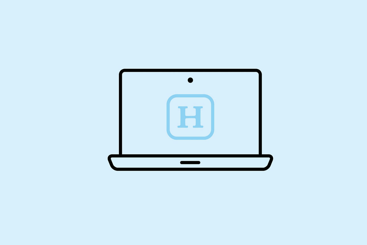 Illustration eines schwarzen Laptops mit dem Buchstaben H in blau darin auf blauem Hintergrund.