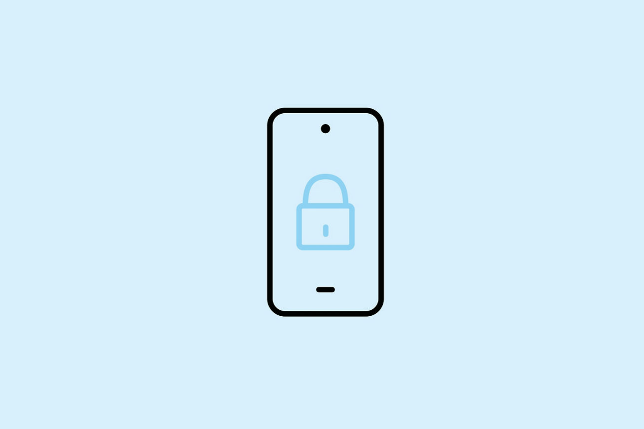 Illustration eines schwarzen Handys mit einem Schloss-Symbol darin in blau auf blauem Hintergrund