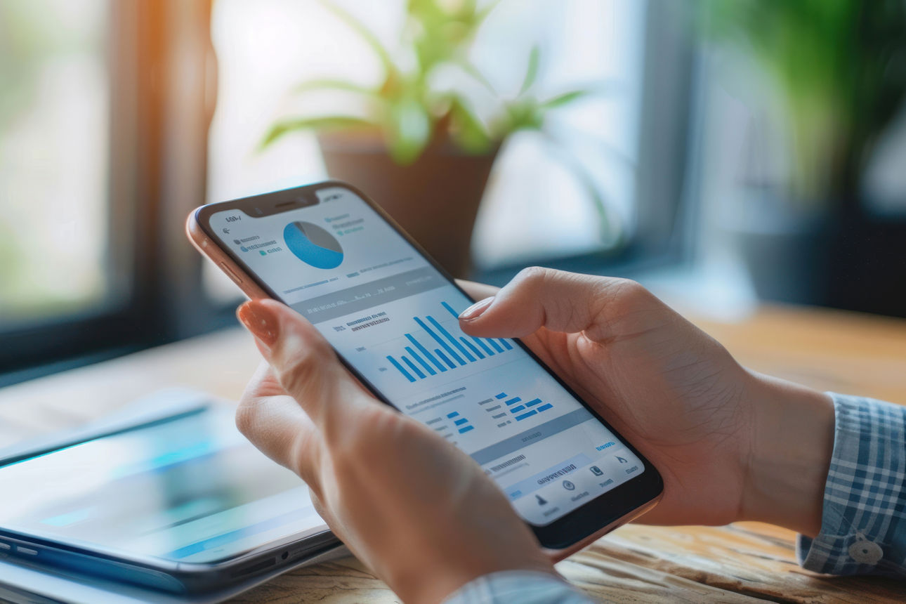 Eine Person, die eine Mobile-Banking-App verwendet, um Kontostände abzufragen, Geld zu überweisen und Echtzeit-Updates zu Finanzaktivitäten zu erhalten.