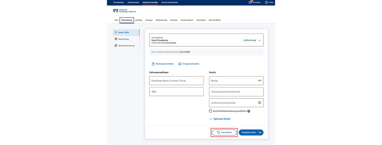 Überweisungslimit ändern