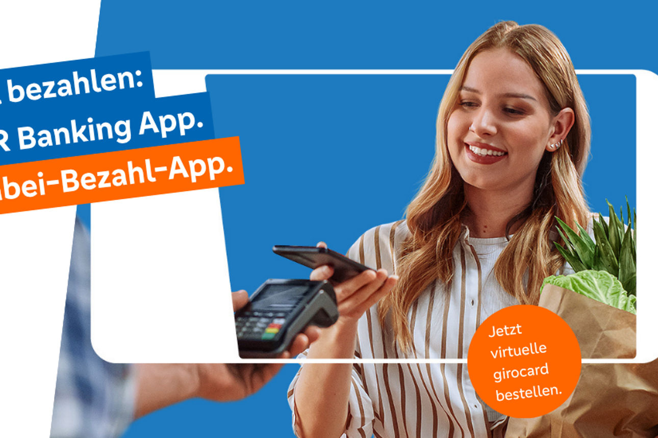 Banking App-Werbe-Banner, eine Frau die mit dem Handy bezahlt