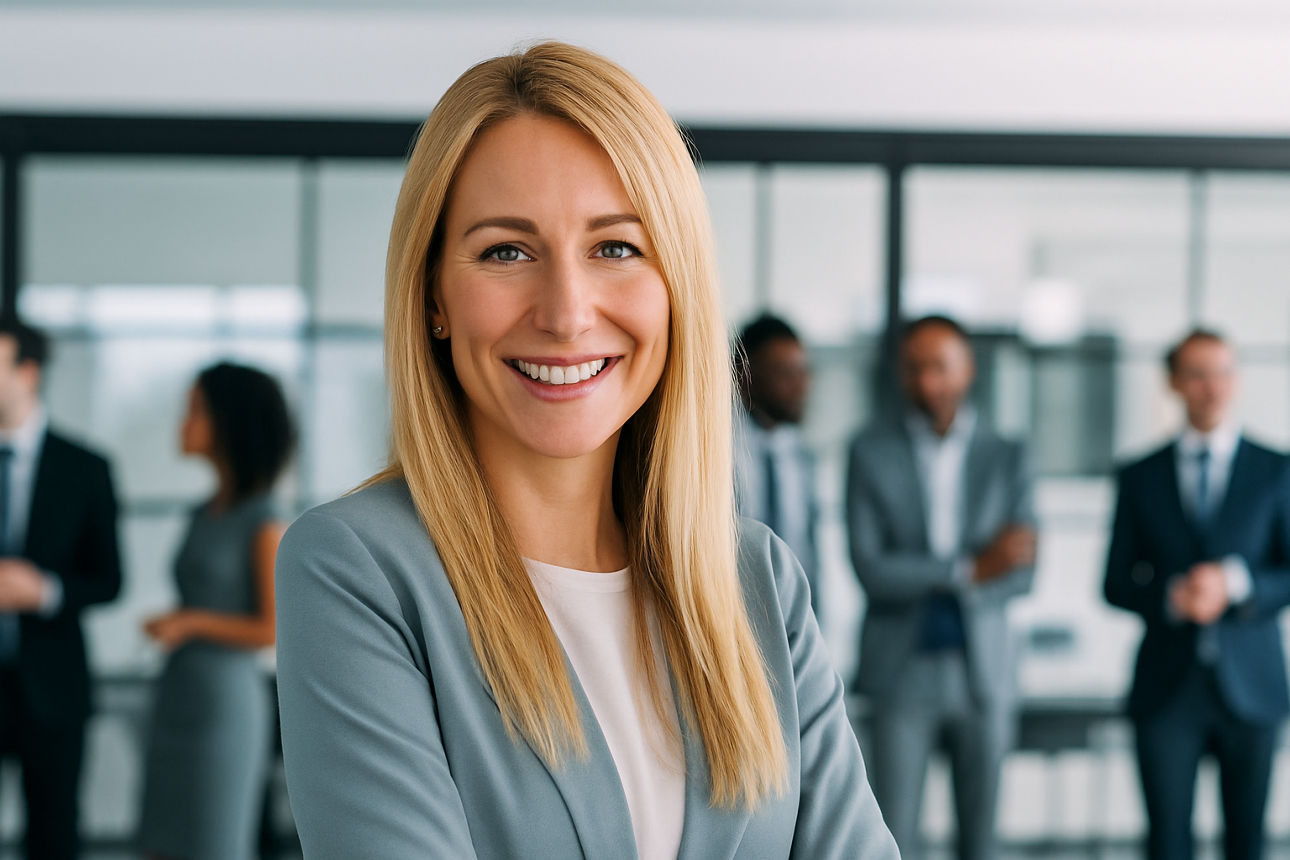 Eine Frau steht lächelnd