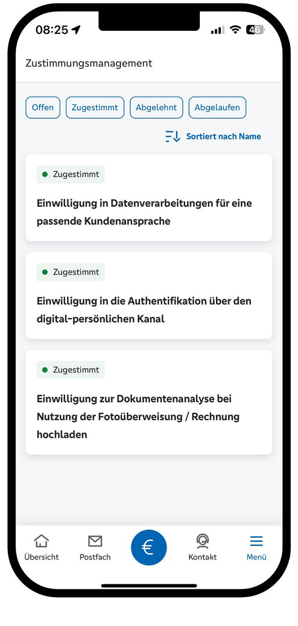 Verwaltung Ihrer Einwilligungen im Zustimmungsmanagement in der VR Banking App