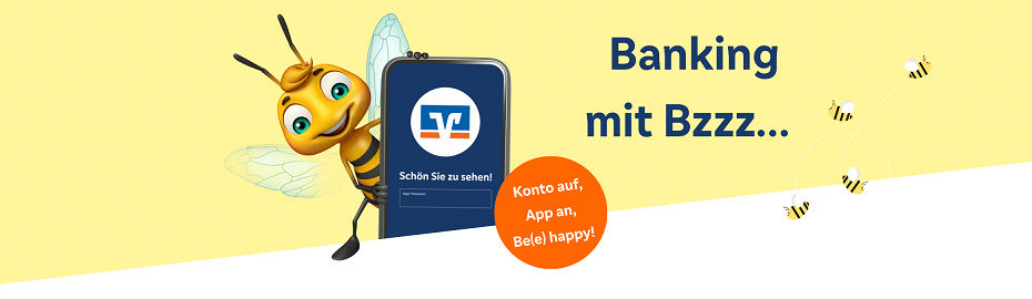 Eine Cartoon-Biene hält ein Smartphone