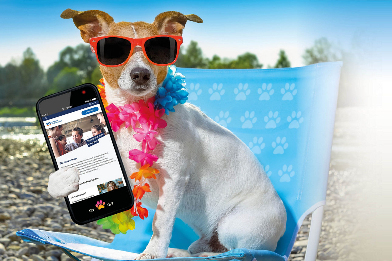 Ein Hund mit einem Smartphone in der Hand