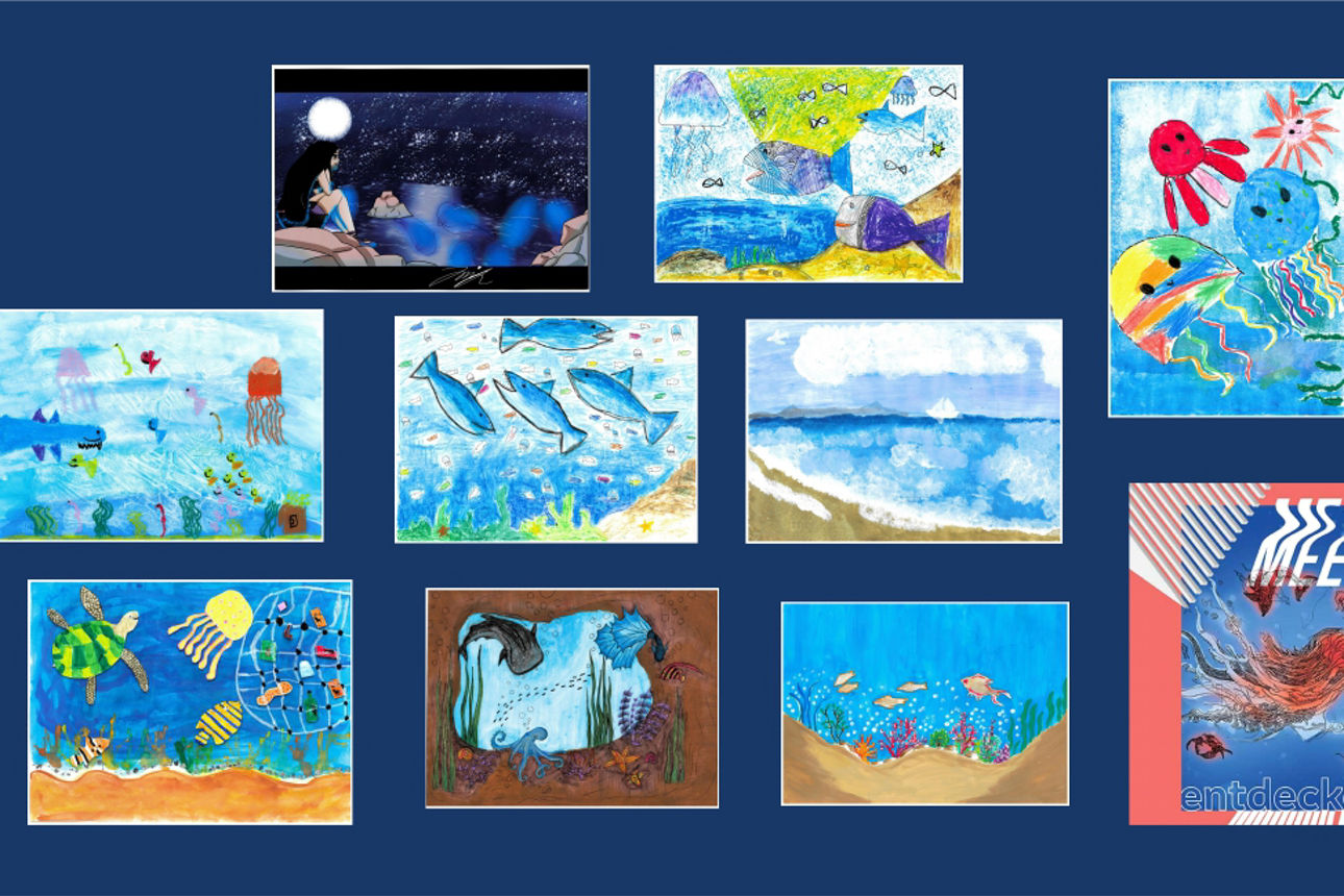 verschiedene Zeichungen auf einem dunkelblauen Hintergrund