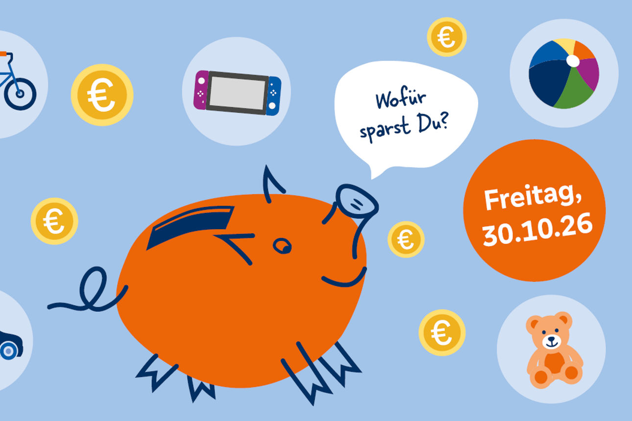 Bunte gezeichnete und lachende Sparschweine mit Euro Münzen