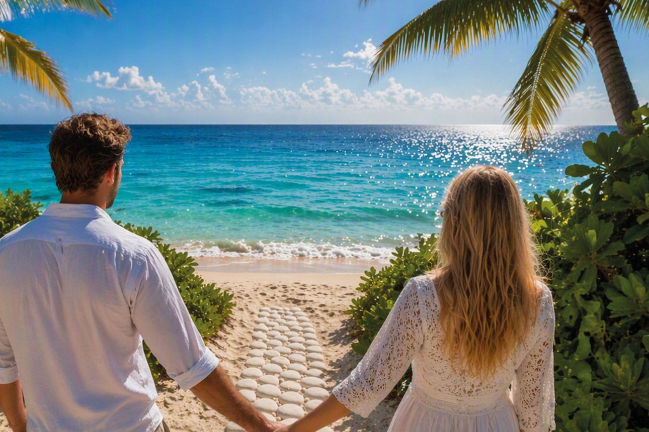   Sie sehen 2 Personen und einen Strand.