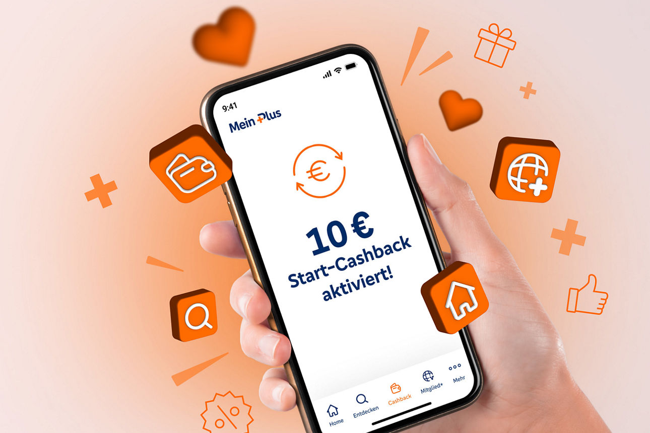 Handy in einer Hand,drumherum viele positive Icon und auf dem Bildschirm der 10 Euro Cashback