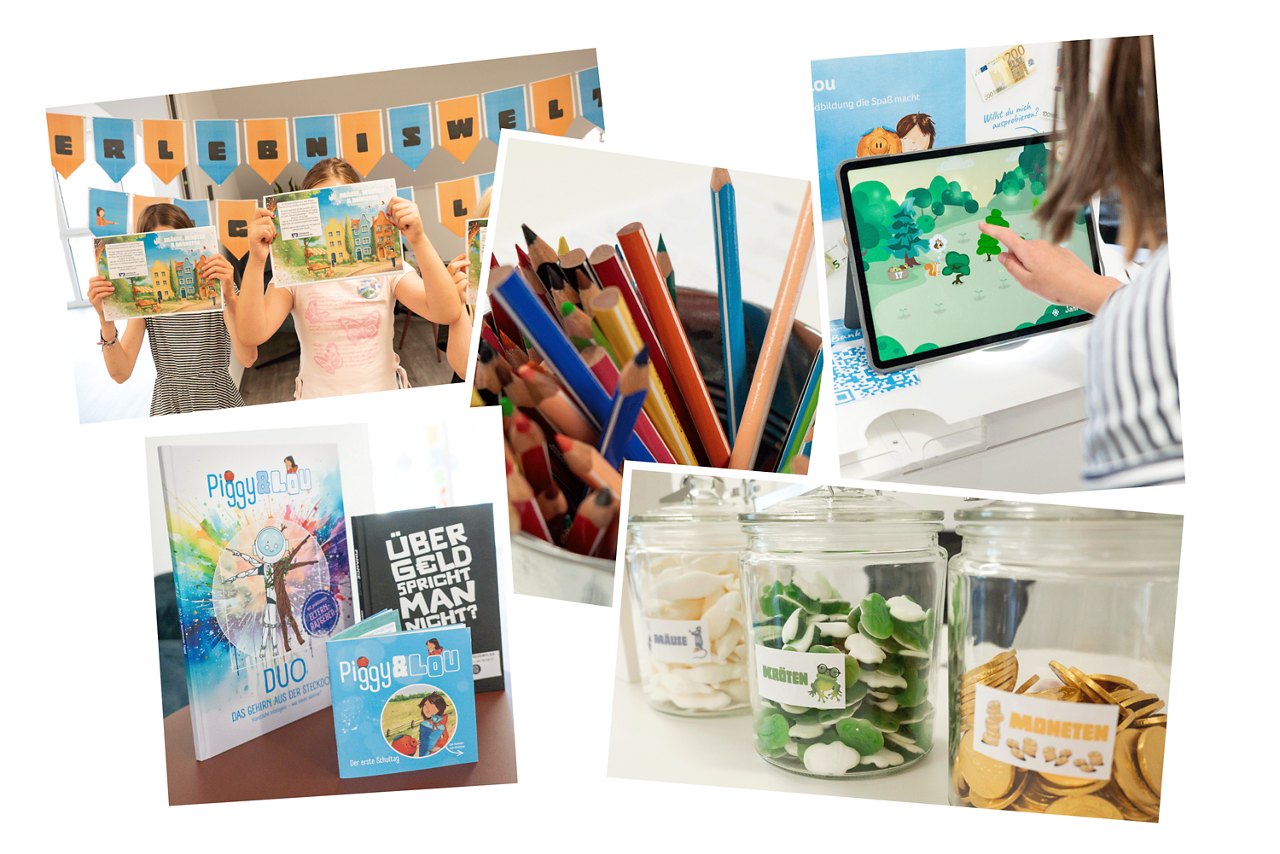Eine Collage mit Fotos von Kindern, Malstiften, Büchern, Gläsern mit Süßigkeiten und einem digitalen Tablet.