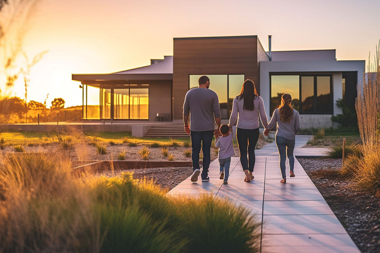 Eine Familie läuft im Sonneruntergang auf ihr Haus zu