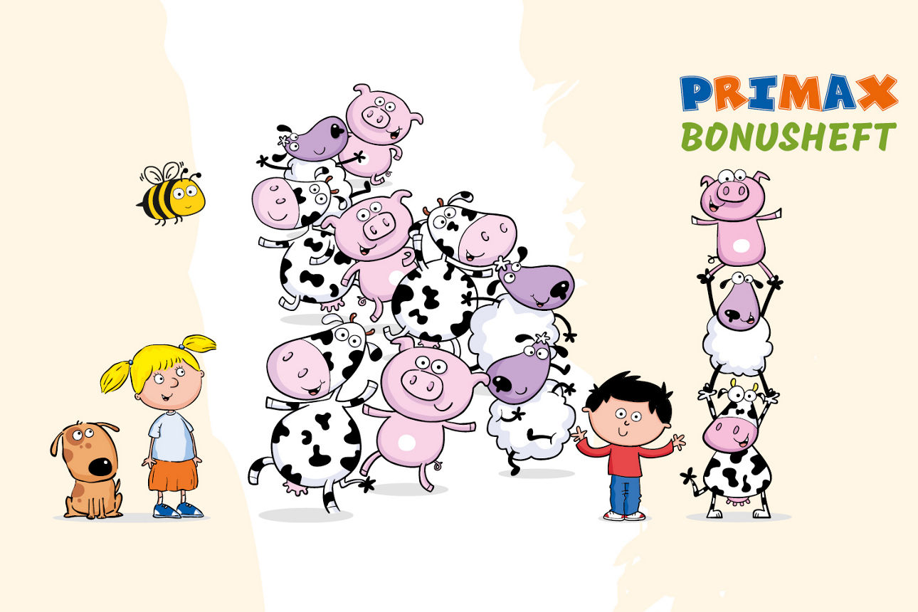 Illustration von Kühen, Schafen, Schweinen und Kindern