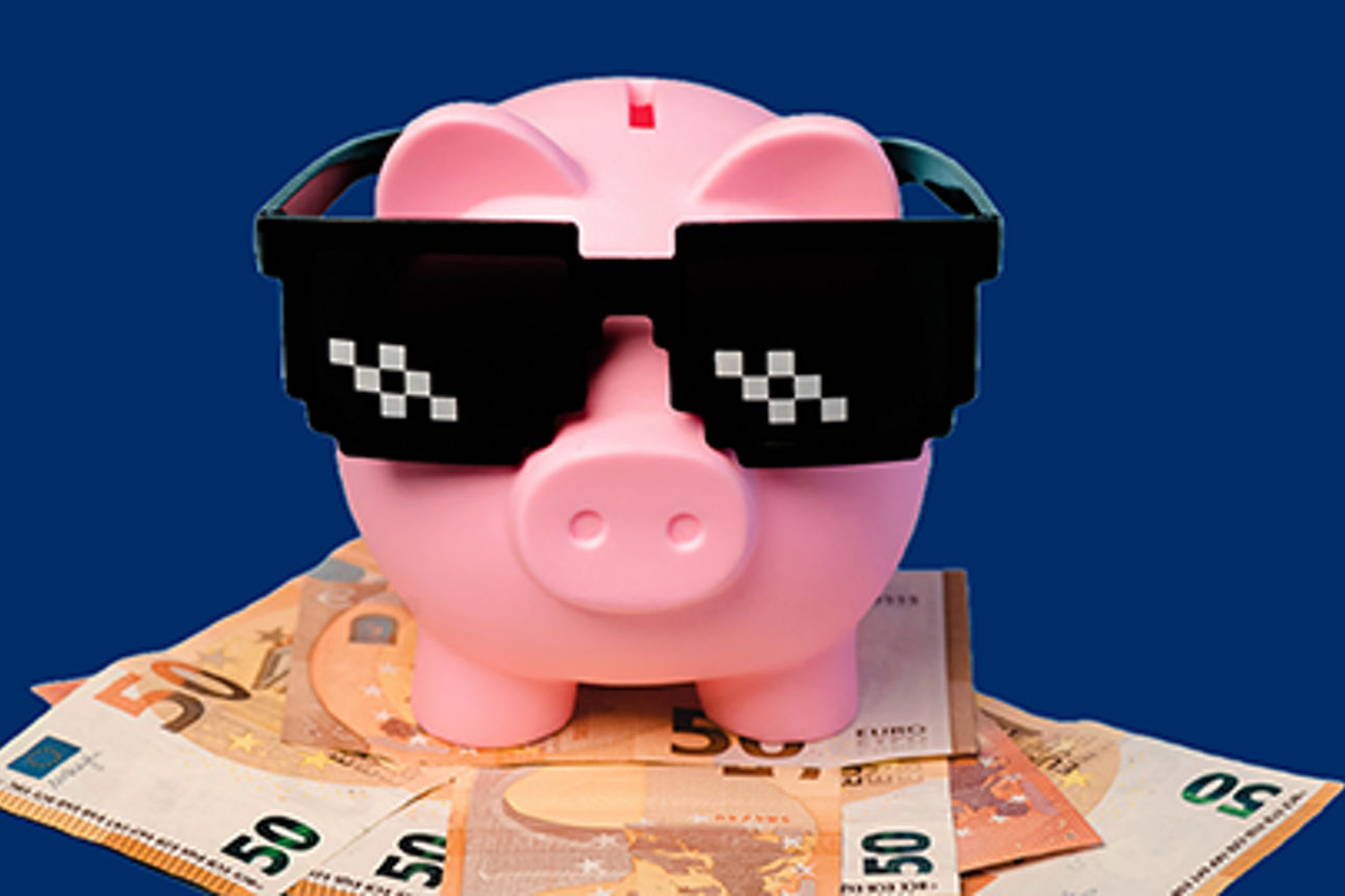 Sparschwein mit Sonnenbrille steht auf Geldscheinen