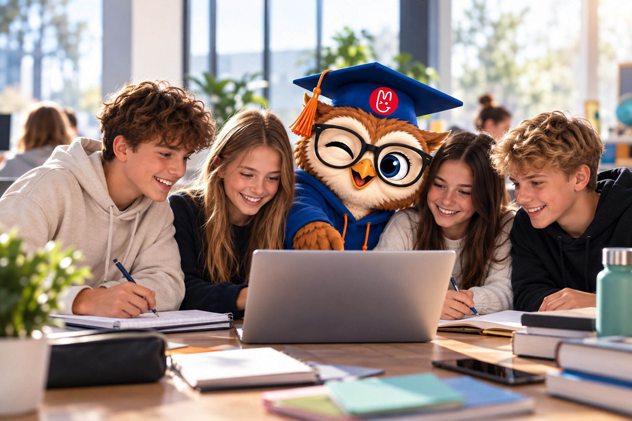 Jugendliche lernen gemeinsam am Laptop, unterstützt von einem sympathischen Maskottchen – ein Motiv für Bildung, Teamarbeit u