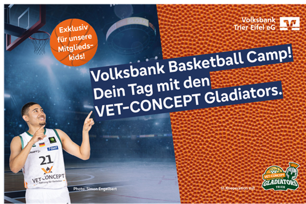 Spieler der VET-CONCEPT Gladiators weist auf die Einladung zum Camp hin