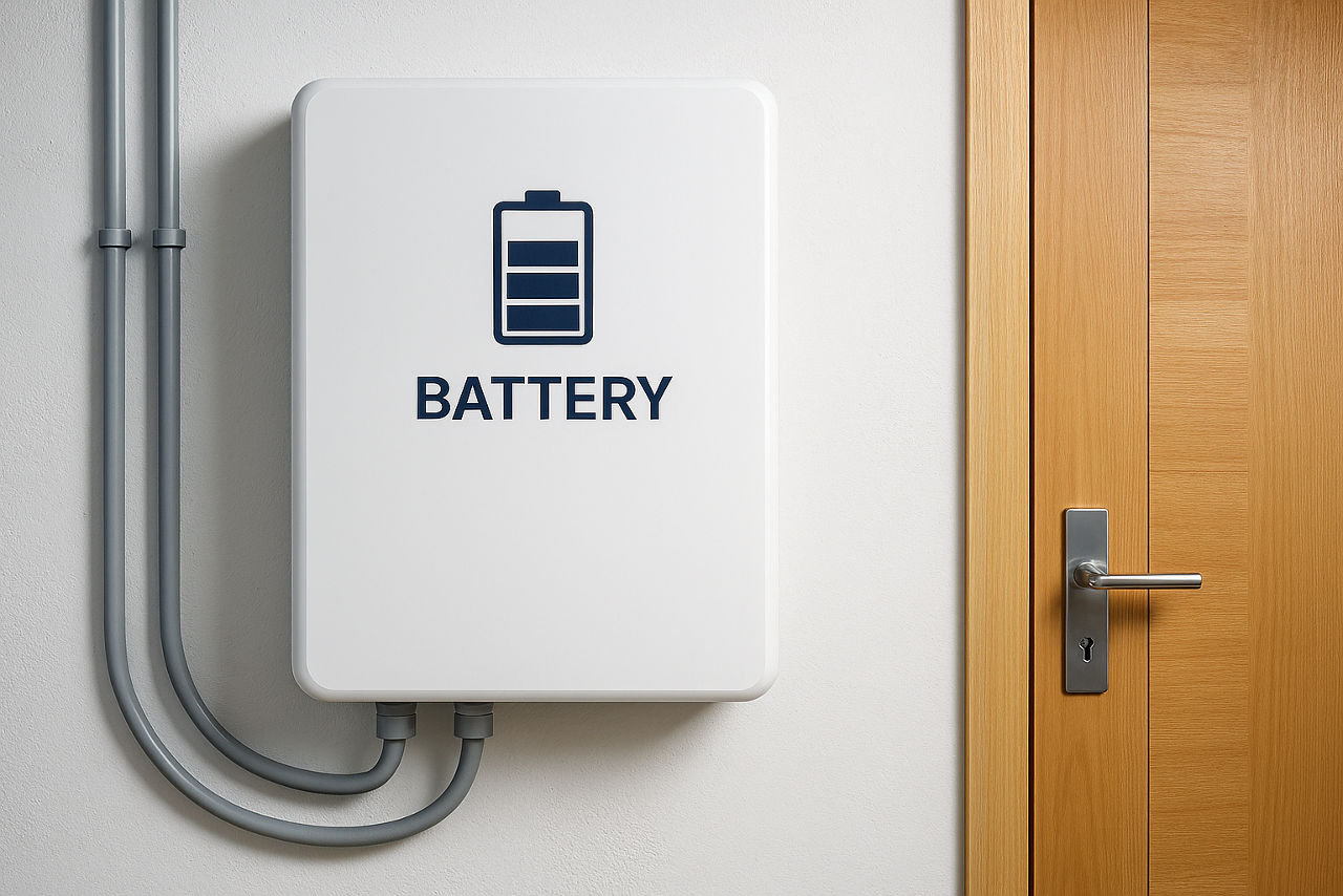 Batteriespeicher einer Photovoltaikanlage hängt an der Wand neben einer Tür