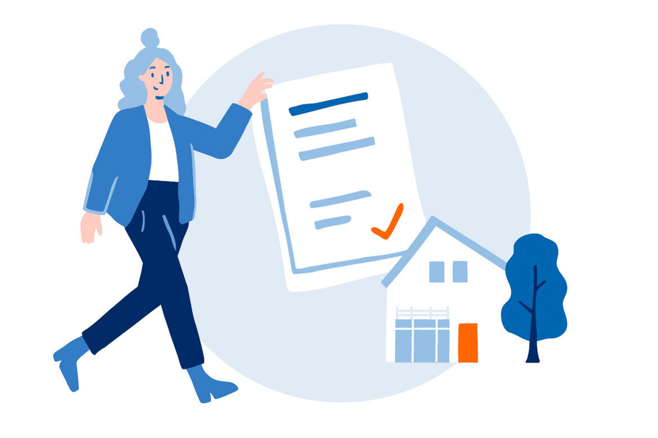 Finanzierungszertifikat illustriert durch eine Person, die mit Zertifikat vor einem Haus steht