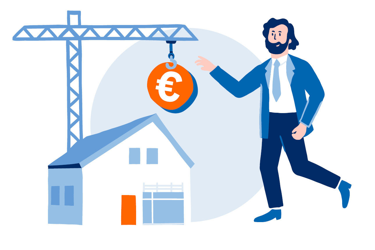 Illustration eines Mannes der Geld an einen Baukran hängt, um sein Haus zu Renovieren