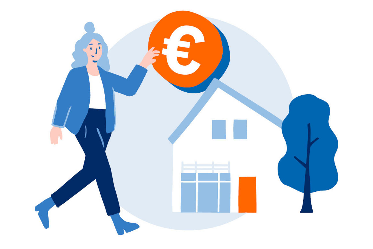 Immobilienfinanzierung illustriert durch eine Frau, die eine Münze wie in ein Sparschwein in ein Haus steckt