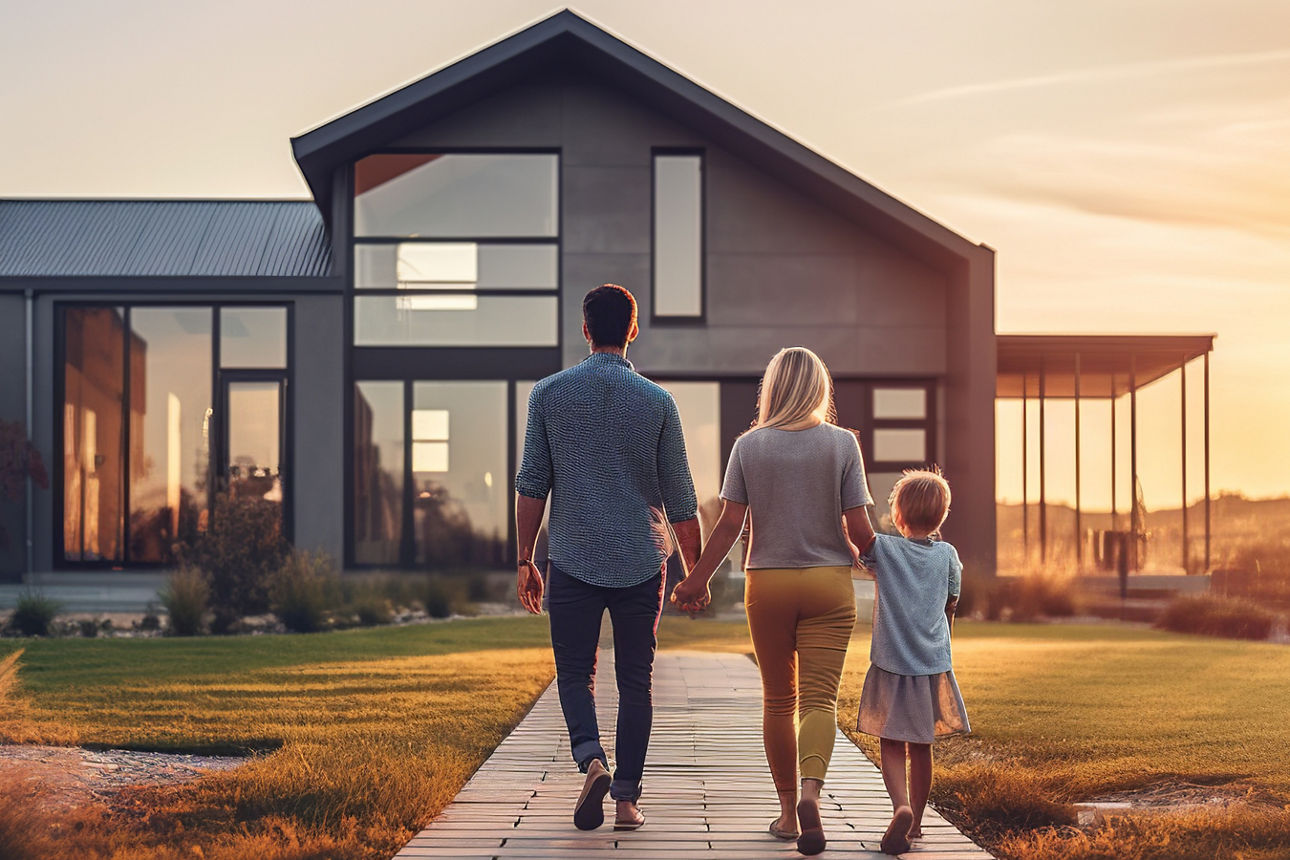 Familie läuft auf ein Haus zu