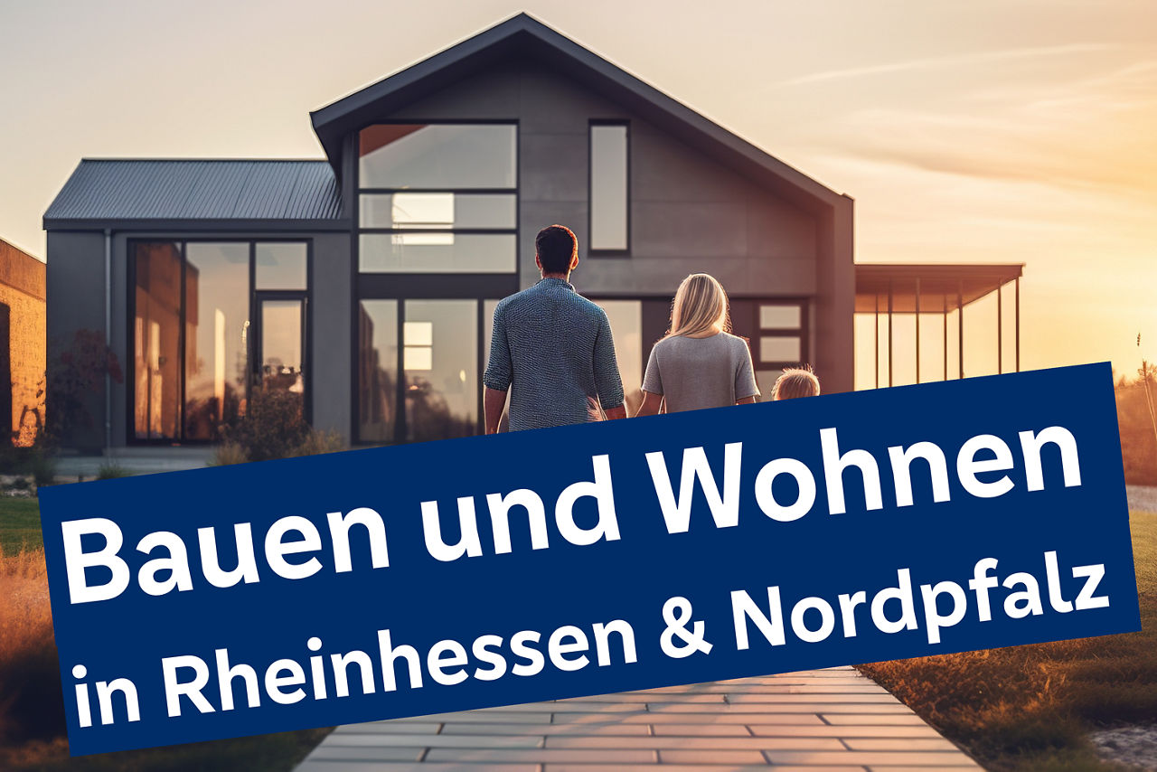 Familie läuft Ihrem modernen Eigenheim entgegen.