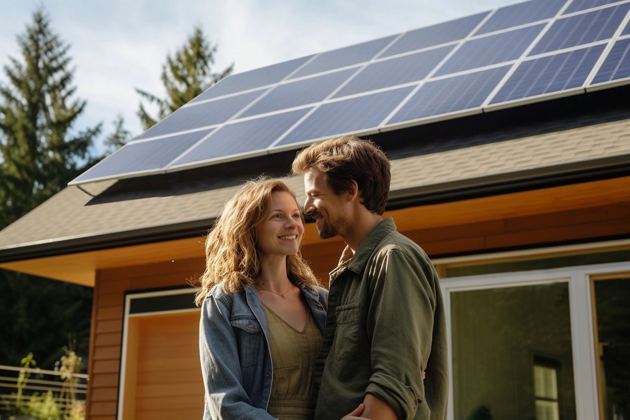 Glückliches Paar lächelt in der Einfahrt eines umweltfreundlichen Hauses mit Solarmodulen. KI generiert.