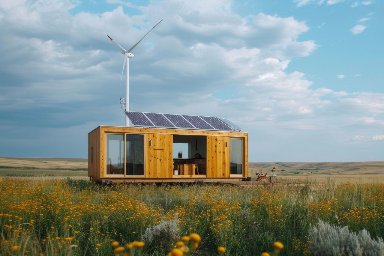 Dieses Tiny House liegt auf einer weitläufigen Prärie und wird mit Wind- und Solarenergie betrieben.