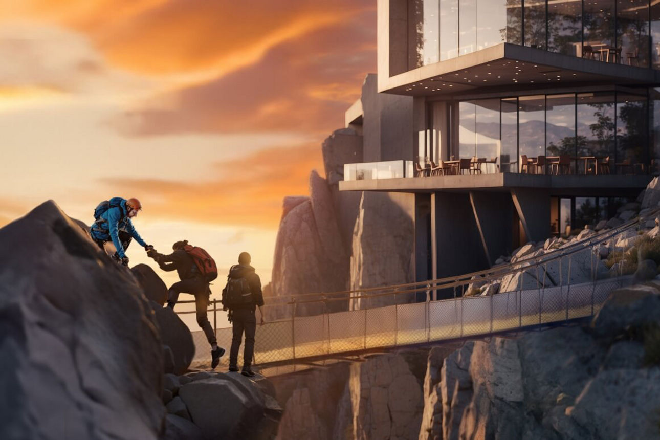 Kletterer helfen sich gegenseitig und sind auf dem Weg zu deinem Traumhaus im Felsen