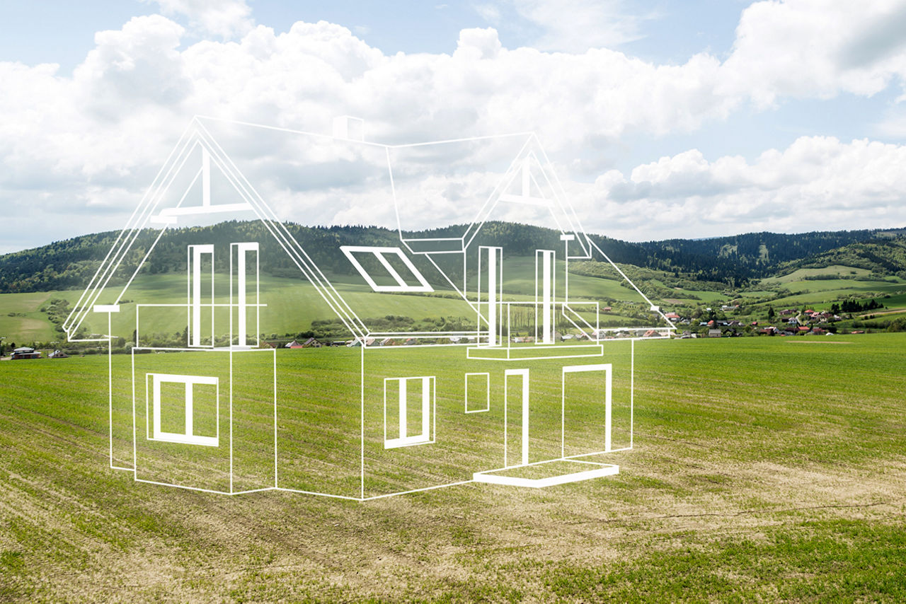 Landschaft mit einen gezeichnetem weißem Haus