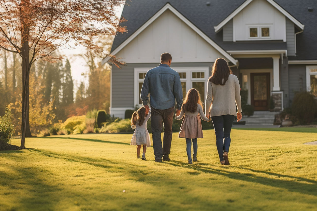 Auf dem Bild ist ein Paar mit zwei Kindern zu sehen, die auf ein neues Haus zulaufen