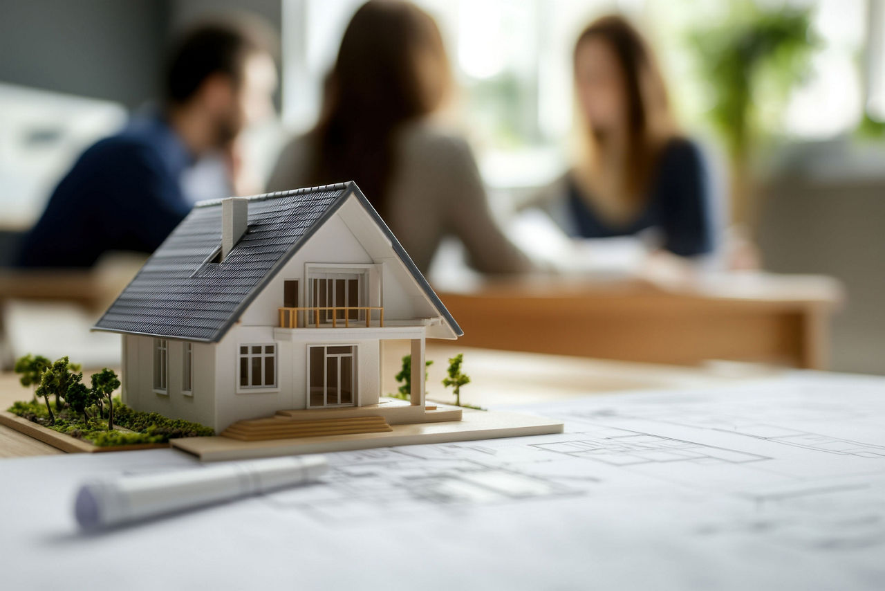Architekturmodell eines Einfamilienhauses auf einem Schreibtisch mit Bauplänen im Vordergrund und unscharfer Beratungsszene im Hintergrund.