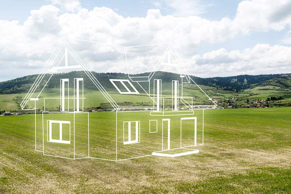 Landschaft mit einem weißen gezeichnetem Haus