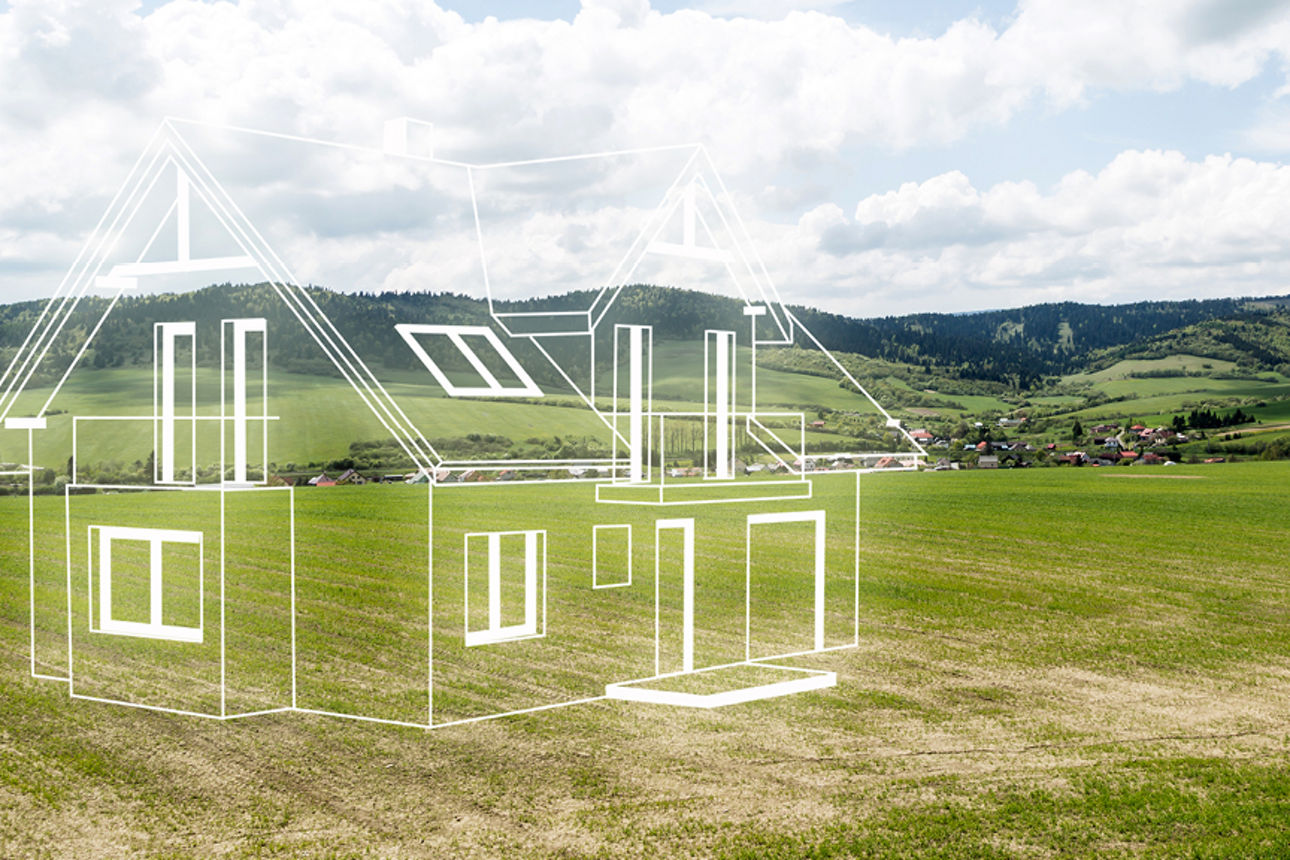 Landschaft mit einem weißen gezeichnetem Haus
